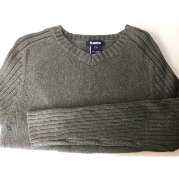 Roots Men V Neck Chunky Sweater Large Grey Cotton - Picture 8 of 13